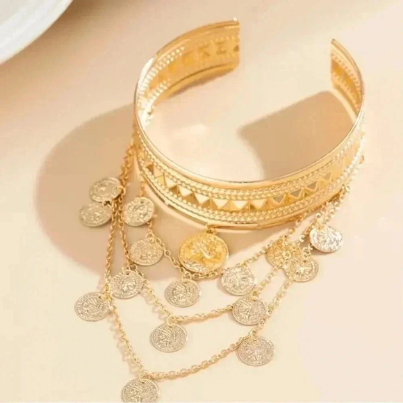 Vintage punk inspired coin & cross tassel arm bracelet adjustable - Picture 3 of 3